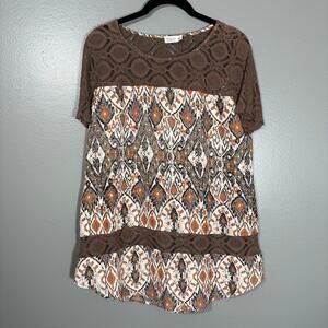 Charming Charlie Women's Brown Y2K Boho Lace Panel Top - Size Large - Earth Tone
